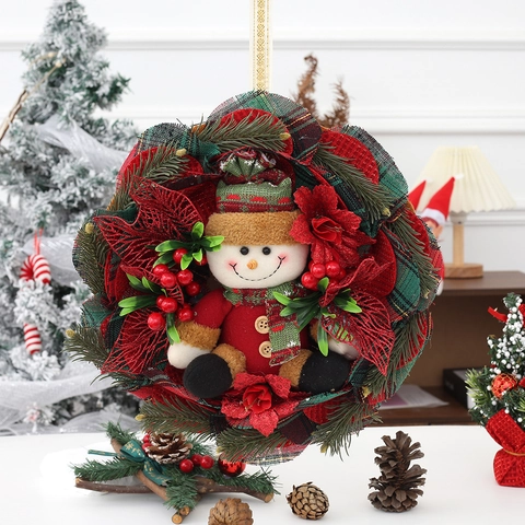 Ghirlanda Di Natale Da Parete Con Babbo Natale Pupazzo De Neve In Peluche Bacche Artificiali Aghi Di Pino Arredo