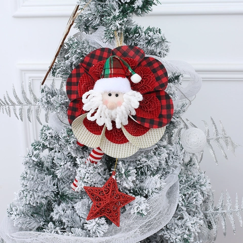 Christmas Hanging Decoration Santa Claus Snowman Buffalo Plaid Plush Fabric Ornament With Glitter Star Wall Window