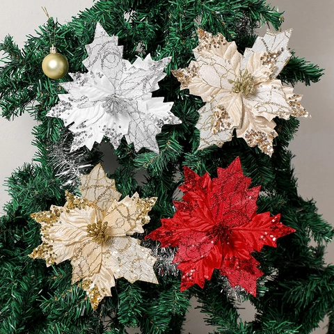 Artificial Christmas Poinsettia Flowers Glitter Sequins Fabric Christmas Tree Hanging Decorations For Home Xmas Party Wedding Ornaments