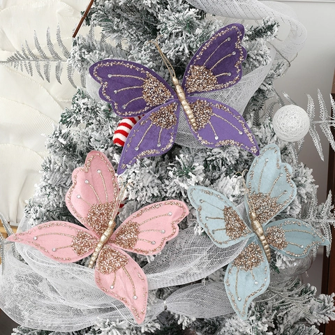 Decorazione per Albero di Natale Farfalla Glitterata Con Clip Farfalla in Tessuto con Paillettes per Festa Matrimonio Casa Xmas Ornamento