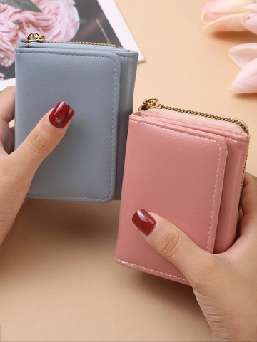 Women Short Wallet Trifold PU Leather Large Capacity Coin Purse Card Holder Litchi Pattern Minimalist Solid Color Clutch