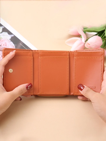 Women Short Wallet Trifold PU Leather Large Capacity Coin Purse Card Holder Litchi Pattern Minimalist Solid Color Clutch