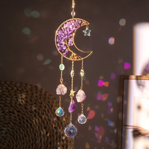 Natürliche Amethyst Mond Baum Des Lebens Sonnenfänger Wandbehang Mit Kristallkugel Prisma Für Haus Garten Dekoration Geschenk
