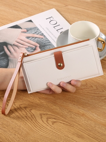 Portafoglio Lungo Donna Pelle PU Slot Per Schede Multiple Cerniera Fibbia Pochette Con Cinturino Da Polso Semplice Moda Colore Solido