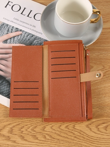 Portafoglio Lungo Donna Pelle PU Slot Per Schede Multiple Cerniera Fibbia Pochette Con Cinturino Da Polso Semplice Moda Colore Solido