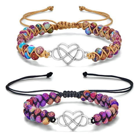 Bracelet Tressé en Pierre Naturelle Fait Main Avec Pendentif Cœur Infini en Alliage de Zinc Perles de Jaspe Impérial Réglables