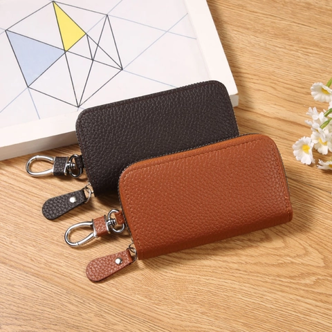 Schlüsseletui PU Leder Kieselmaserung Multifunktionale Reißverschlusstasche Mit Metallhaken Kartenfächern Minimalistischer Organizer