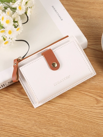 Simple Women's Short Wallet PU Leather Card Holder With Snap Button Metal Zipper Litchi Texture Mini Coin Purse Lady Bag
