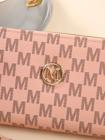 Cartera Larga Mujer Estampado Monograma Bolso De Mano Cremalleras Múltiples Gran Capacidad Cuero Sintético Con Correa De Muñeca