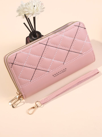 Cartera Larga para Mujer de Doble Cremallera Gran Capacidad PVC Acolchada de Rombos Bolso de Mano para Teléfono Con Correa