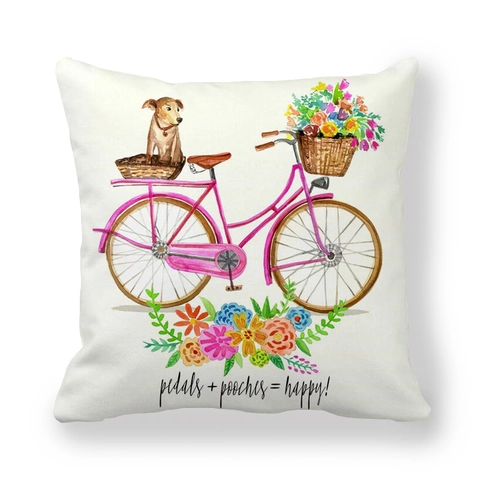 Kussenhoes Decoratieve Perzikhuid Polyester Vintage Fiets Bloemen Hond Patroon Aquarel Vierkant Huis Decoratie Bank Bed