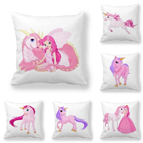 Eenhoorn Draak Prinses Kussenhoes Perzik Huid Stof Vierkante Decoratieve Kussensloop Kinderkamer Sofa Home Decoratie