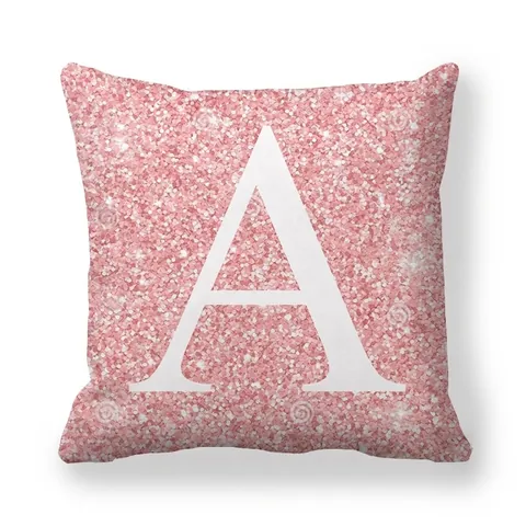 Housse de Coussin Alphabet Texture Pailletée Rose Lettres Anglaises Peau de Pêche Décorative pour Canapé Maison