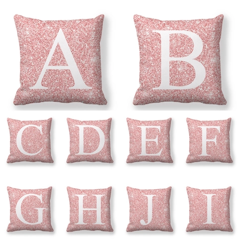 Housse de Coussin Alphabet Texture Pailletée Rose Lettres Anglaises Peau de Pêche Décorative pour Canapé Maison