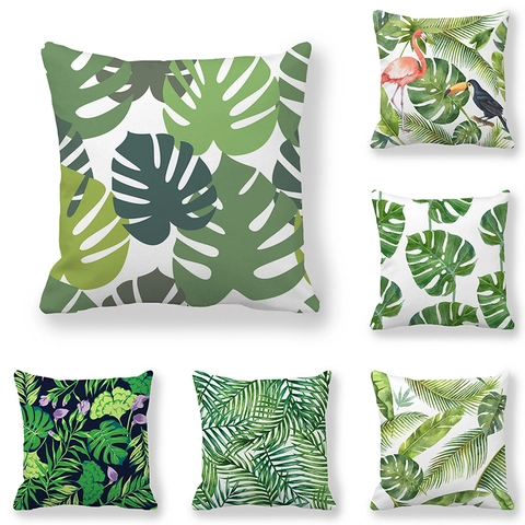 Tropical Leaf Peach Skin Decorative Cushion Cover Green Plant Patterned Square Pillowcase For Sofa Living Room Home Decor Accent