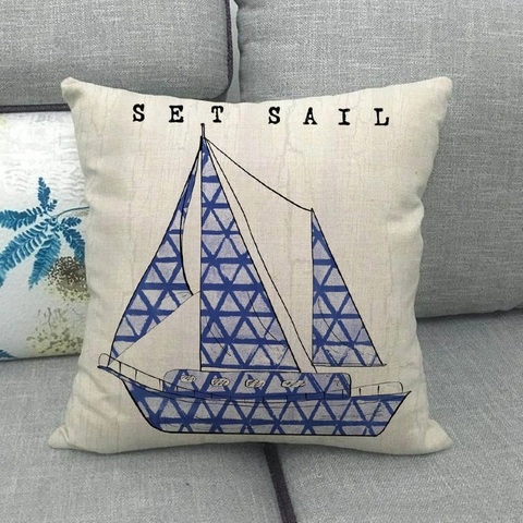 Nautisch Thema Linnen Kussensloop Zee Elementen Anker Zeilboot Kompas Zeester Decoratieve Vierkante Kussenhoes Sofa Decor