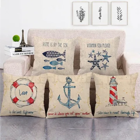 Nautisch Thema Linnen Kussensloop Zee Elementen Anker Zeilboot Kompas Zeester Decoratieve Vierkante Kussenhoes Sofa Decor