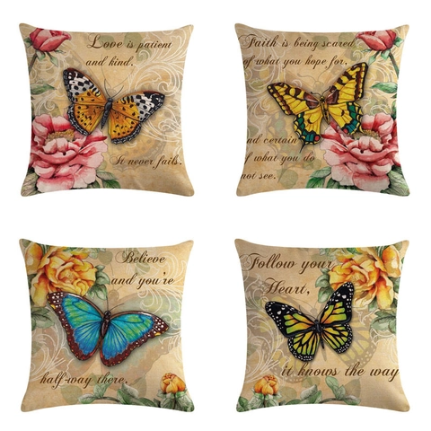 Vintage Floral Butterfly Linen Cushion Cover Decorative Square Throw Pillow Case For Home Sofa Living Room Decor