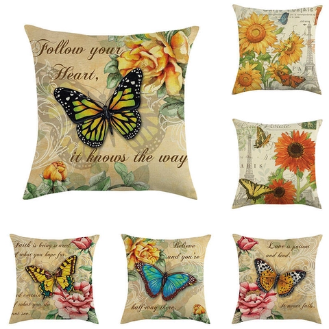 Vintage Floral Butterfly Linen Cushion Cover Decorative Square Throw Pillow Case For Home Sofa Living Room Decor