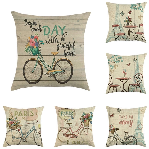 Housses De Coussin En Lin Et Coton Vélo Vintage Fleurs Paris Tour Eiffel Décoration Rustique Française Pour Canapé