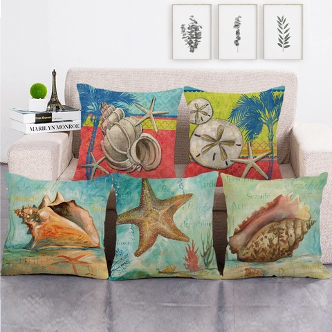 Decorative Pillow Covers Linen Cotton Ocean Theme Seashell Starfish Coral Nautical Coastal Decor Cushion Cases