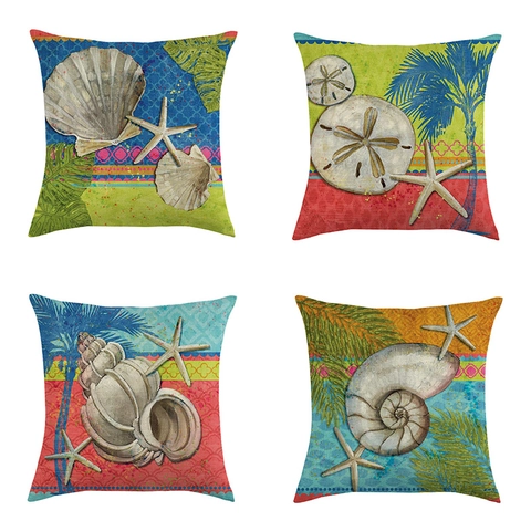 Decorative Pillow Covers Linen Cotton Ocean Theme Seashell Starfish Coral Nautical Coastal Decor Cushion Cases