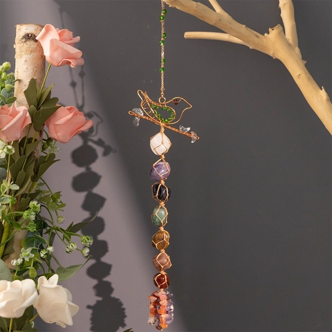 7 Chakra Healing Crystals Hanging Ornament Natural Stone Woven Bird Wall Decor Handmade Spiritual Meditation Yoga Home Office