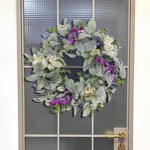 Corona Flores Artificiales Lavanda Púrpura Hojas Oreja Cordero Base Ratán Decoración Puerta Primavera Verano Rústico Hogar