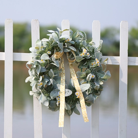 Artificial Daisy Lambs Ear Leaves Wreath With Yellow Bow Ribbon Spring Summer Farmhouse Front Door Wall Hanging Decor