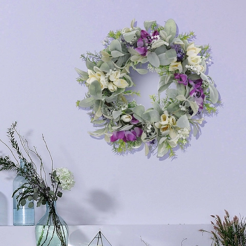 Corona Flores Artificiales Lavanda Púrpura Hojas Oreja Cordero Base Ratán Decoración Puerta Primavera Verano Rústico Hogar