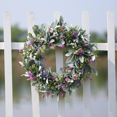 Artificial Lamb's Ear Lavender Wreath Flocked Green Leaves Purple Pink Flowers Garland For Front Door Wall Home Decor