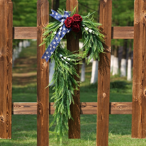 Artificial Independence Day Wreath Patriotic Wall Hanging Garland With Red Roses Star Ribbon Greenery For Door Garden Decor