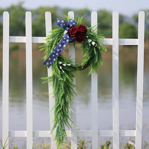 Artificial Independence Day Wreath Patriotic Wall Hanging Garland With Red Roses Star Ribbon Greenery For Door Garden Decor