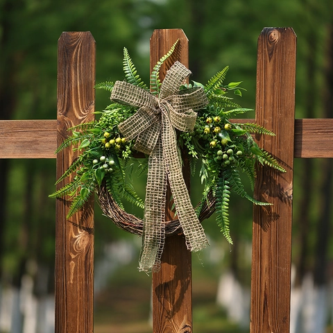 Artificial Greenery Wreath Faux Fern Berry Burlap Bow Rattan Base Farmhouse Front Door Wall Decor Rustic Hanging