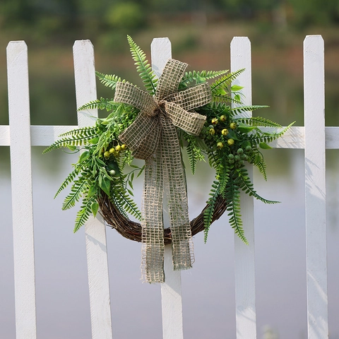 Artificial Greenery Wreath Faux Fern Berry Burlap Bow Rattan Base Farmhouse Front Door Wall Decor Rustic Hanging
