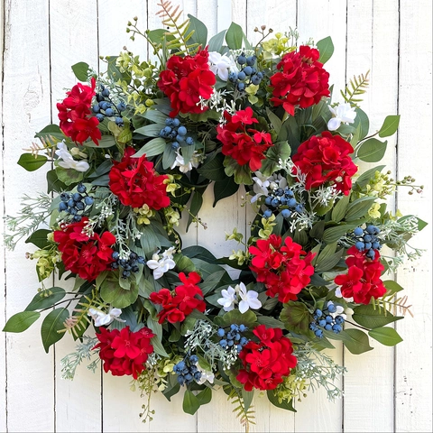 Artificial Red Geranium Wreath With Green Leaves And Blue Berries For Front Door Farmhouse Rustic Hanging Decor