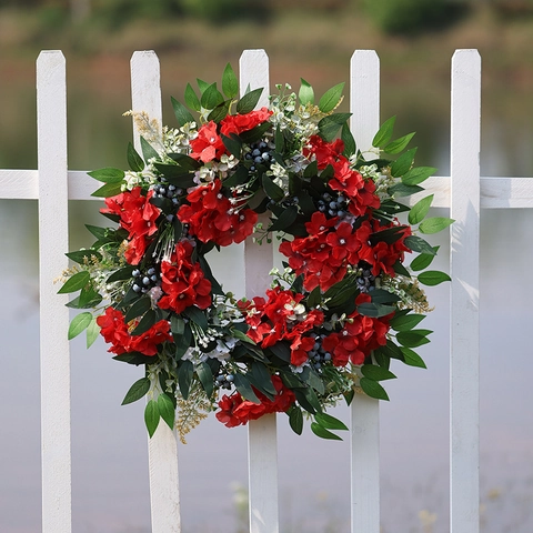 Artificial Red Geranium Wreath With Green Leaves And Blue Berries For Front Door Farmhouse Rustic Hanging Decor