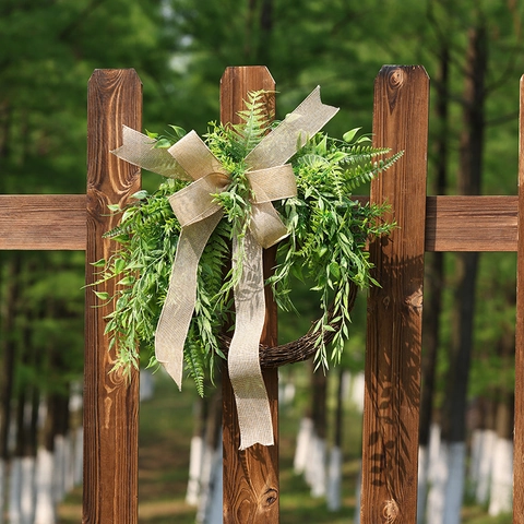 Artificial Greenery Wreath With Burlap Bow Rattan Base Simulation Plants For Front Door Home Garden Country Decor