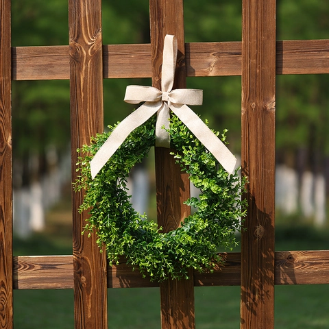 Artificial Greenery Wreath Boxwood Leaves With Burlap Bow Farmhouse Front Door Wall Hanging Decor Rustic Garden Garland