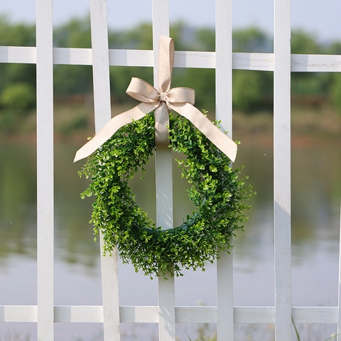 Artificial Greenery Wreath Boxwood Leaves With Burlap Bow Farmhouse Front Door Wall Hanging Decor Rustic Garden Garland