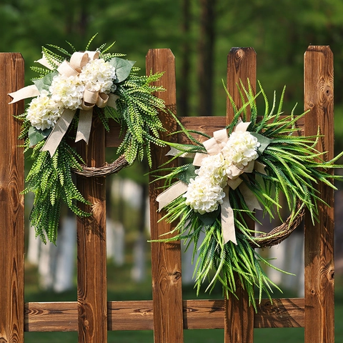 Artificial Hydrangea Wreath With Burlap Bow For Front Door Wall Hanging Farmhouse Rural Style Home Decor Floral Garland