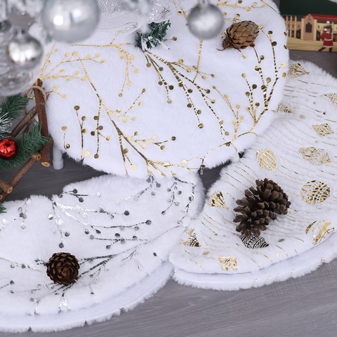 Mini White Plush Christmas Tree Skirt Gold Silver Stamped Snowflake Star Branch Pattern Round Tree Base Mat Decoration