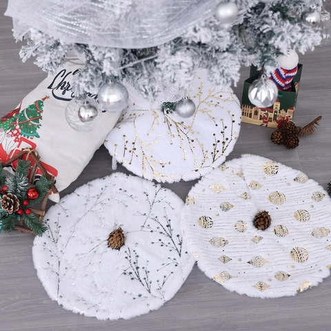 Mini White Plush Christmas Tree Skirt Gold Silver Stamped Snowflake Star Branch Pattern Round Tree Base Mat Decoration