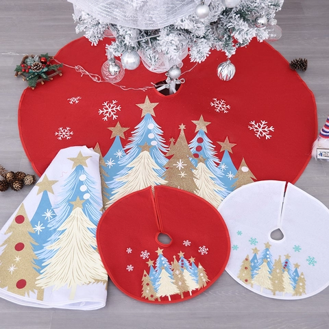 Christmas Tree Skirt Round Glitter Gold Print Snowflake Tree Pattern Holiday Decoration Home Festive Ornament Base Cover
