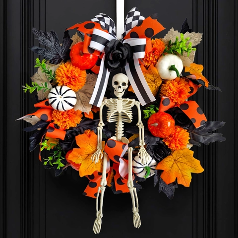 Halloween Wreath With Skeleton Pumpkin Maple Leaves Black Roses Ribbons Natural Vine Base Front Door Wall Hanging Decor