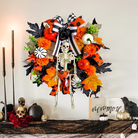 Halloween Wreath With Skeleton Pumpkin Maple Leaves Black Roses Ribbons Natural Vine Base Front Door Wall Hanging Decor