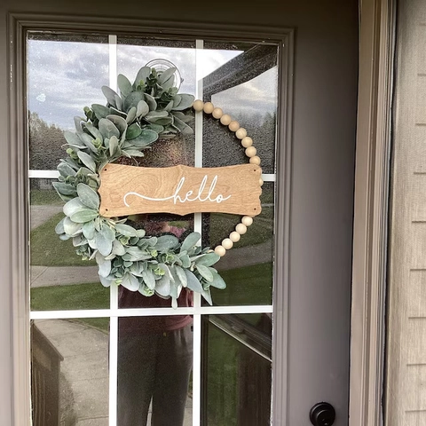 Artificial Eucalyptus Wood Bead Wreath With Hello Sign Front Door Farmhouse Wall Hanging Decor Welcome Home Sign