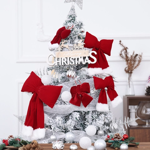 Red Velvet Christmas Bow Ornament Hanging Tree Decoration With White Faux Fur Trim Large Holiday Plush Bow For Home