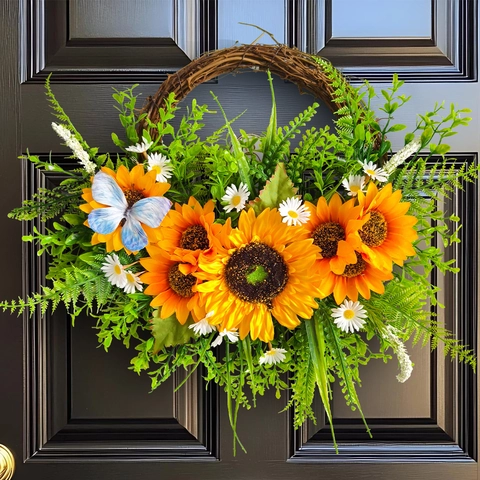 Couronne de Tournesols Artificiels Avec Papillon Marguerite Simulation Verdure Plante Guirlande Pour Porte D'Entrée Mur Décoration Maison
