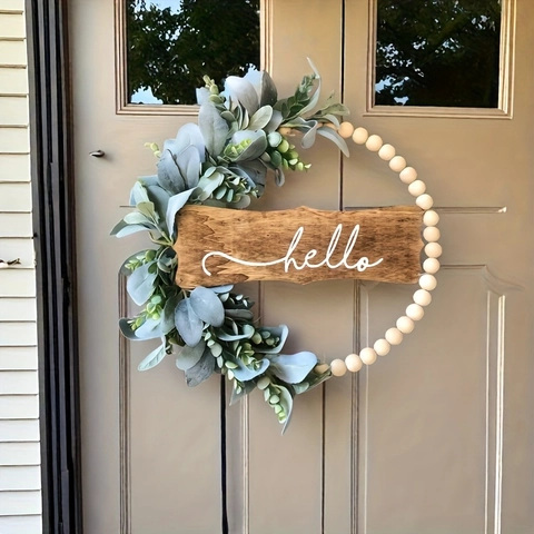 Artificial Eucalyptus Wreath With Wooden Beads And Hello Sign Nordic Farmhouse Front Door Wall Decor For Wedding Home Garden